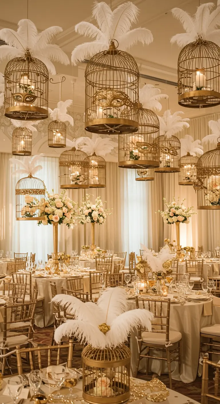 Décor de fête avec des cages à oiseaux dorées suspendues et des plumes blanches.