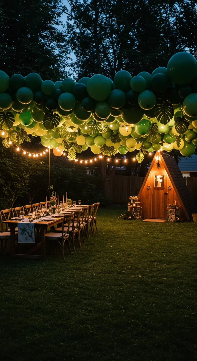 Longue guirlande de ballons verts et de lumières suspendue au-dessus d'une table de jardin la nuit.