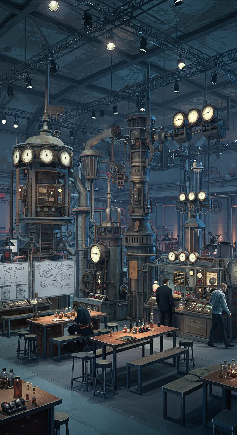 Laboratoire Steampunk avec machines complexes, tuyaux, jauges et tables de dégustation.