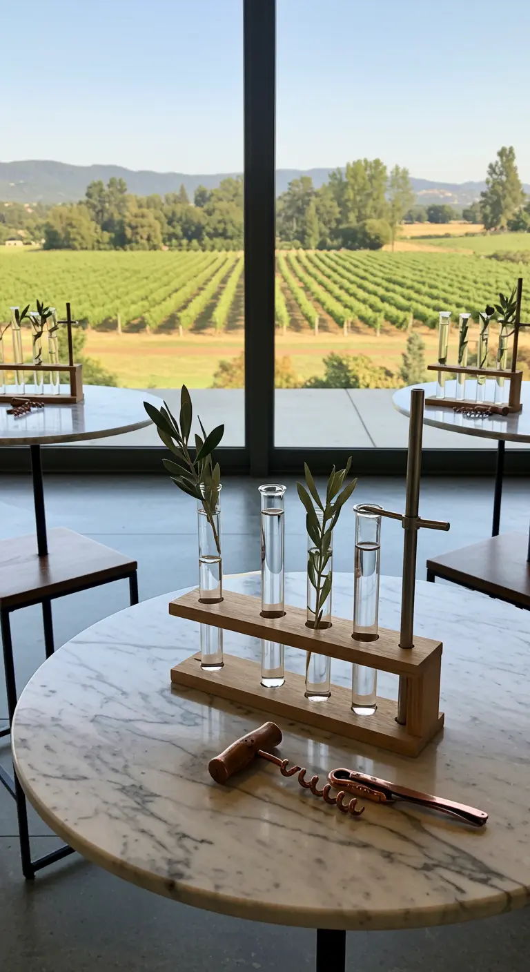 Centre de table avec des éprouvettes contenant des brins d'olivier dans un support en bois.