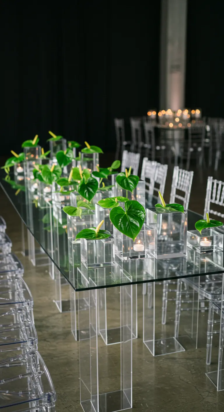 Longue table en verre avec de multiples petits vases cubiques contenant des feuilles et des bougies.