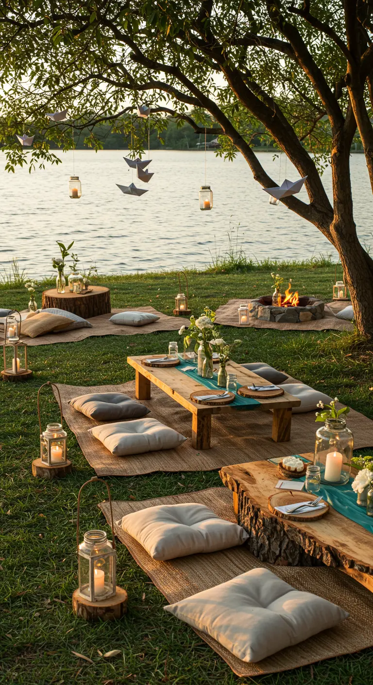 Pique-nique bohème au bord d'un lac avec tables basses, coussins, lanternes et bateaux en papier suspendus.