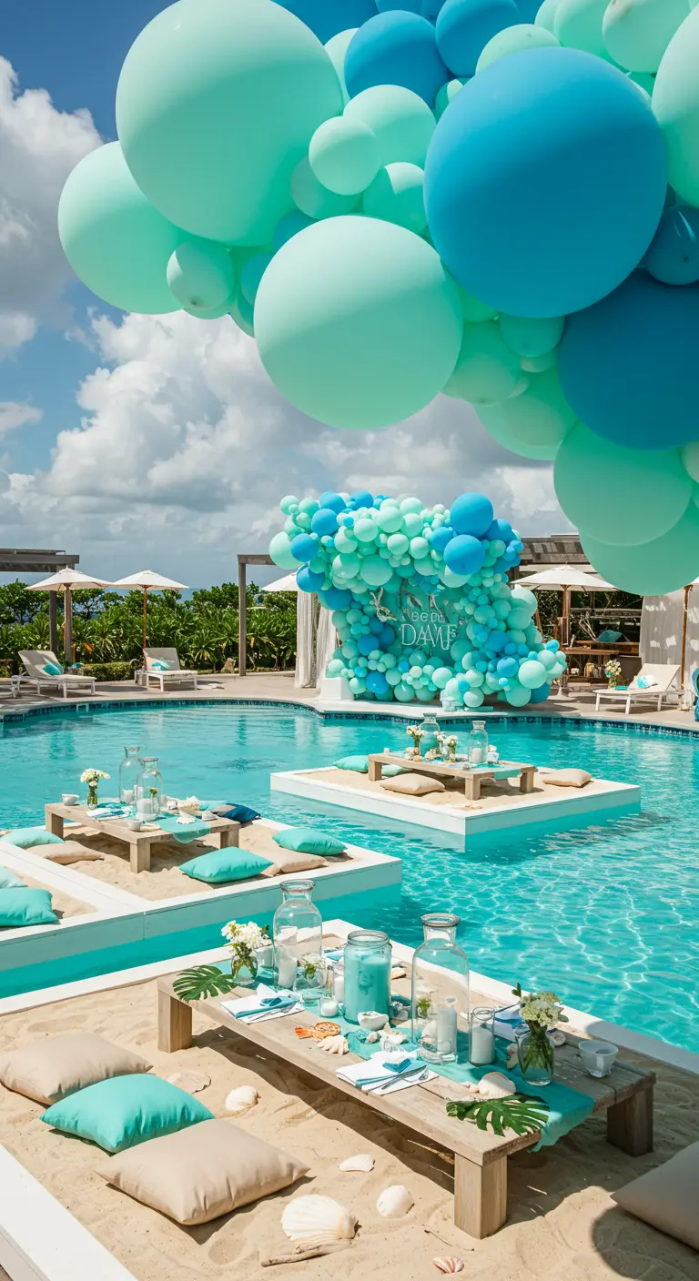 Fête au bord d'une piscine avec des tables flottantes et des ballons bleus.