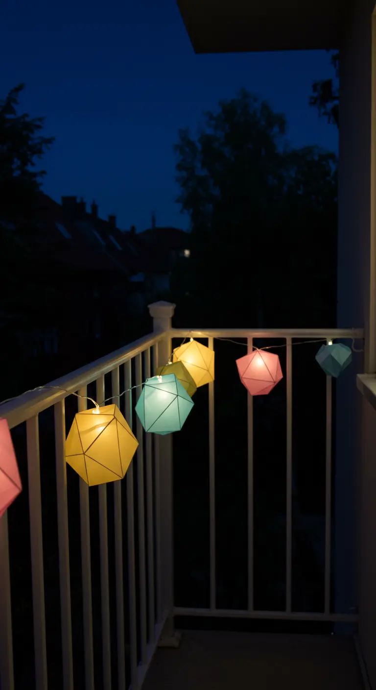 Guirlande de lampions géométriques colorés suspendue à la balustrade d'un balcon.