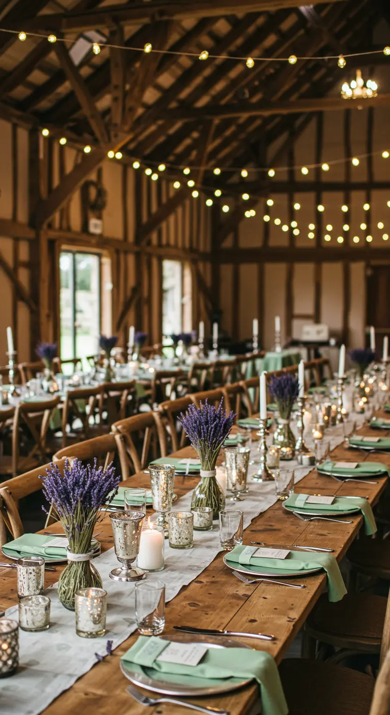 Table en bois dans une grange, décorée de bouquets de lavande et de serviettes vertes.