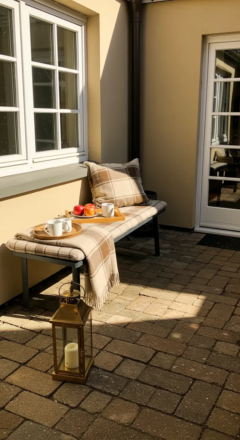 Banquette avec coussin et plaid à carreaux, un plateau de petit-déjeuner posé dessus, et une lanterne dorée.