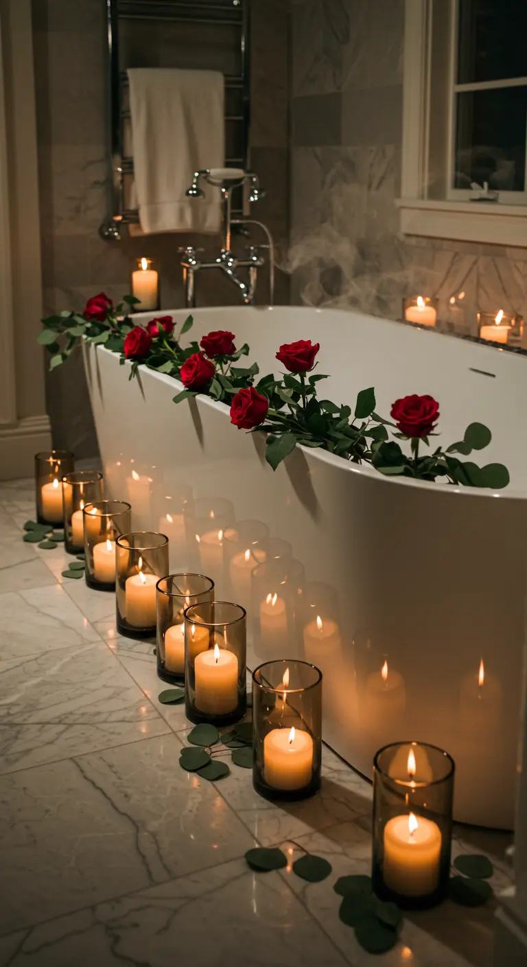 Baignoire bordée de roses rouges et entourée de bougies allumées au sol.