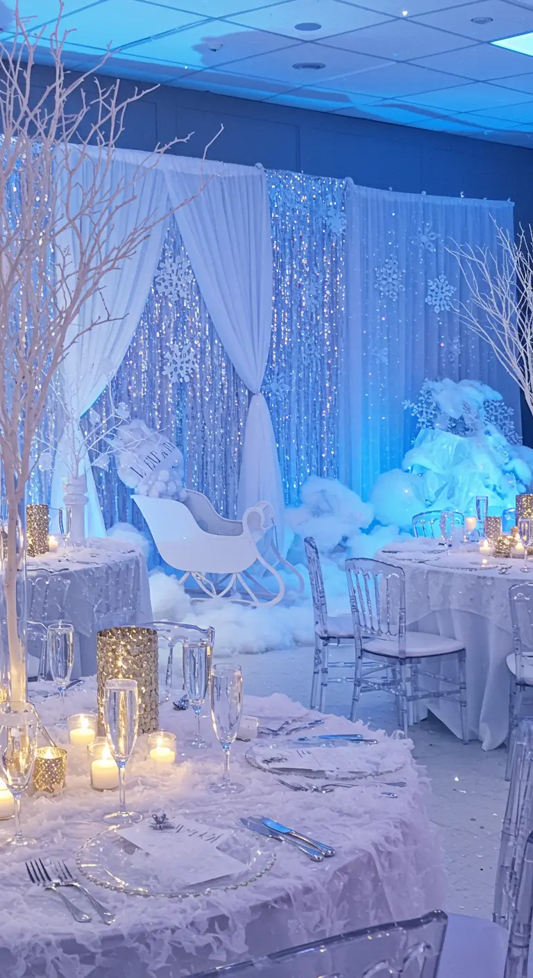 Décoration de fête sur le thème de l'hiver avec des couleurs blanches et bleues, et de la fausse neige.
