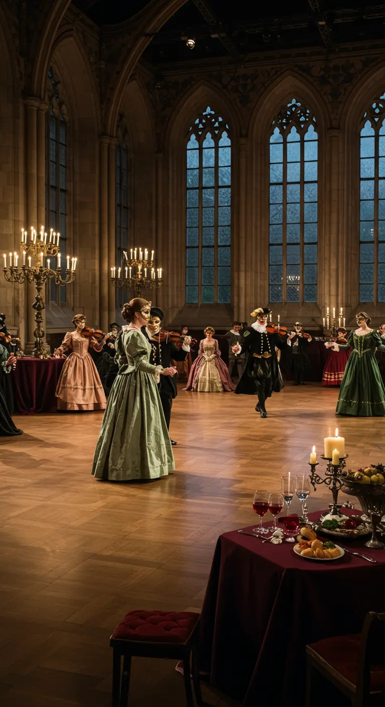Couples en costumes d'époque dansant dans une grande salle de bal gothique.