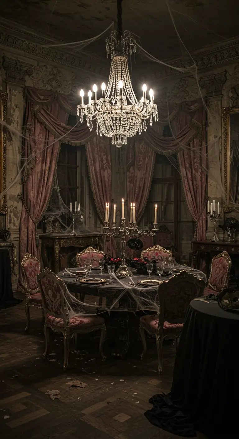 Salle à manger baroque et sombre, couverte de toiles d'araignée pour un effet hanté.