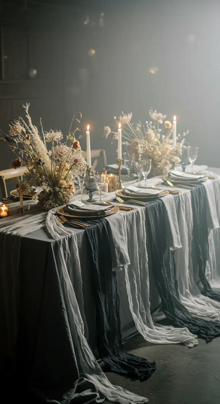 Table décorée avec des draps superposés de couleur grise et noire, effet fantomatique.