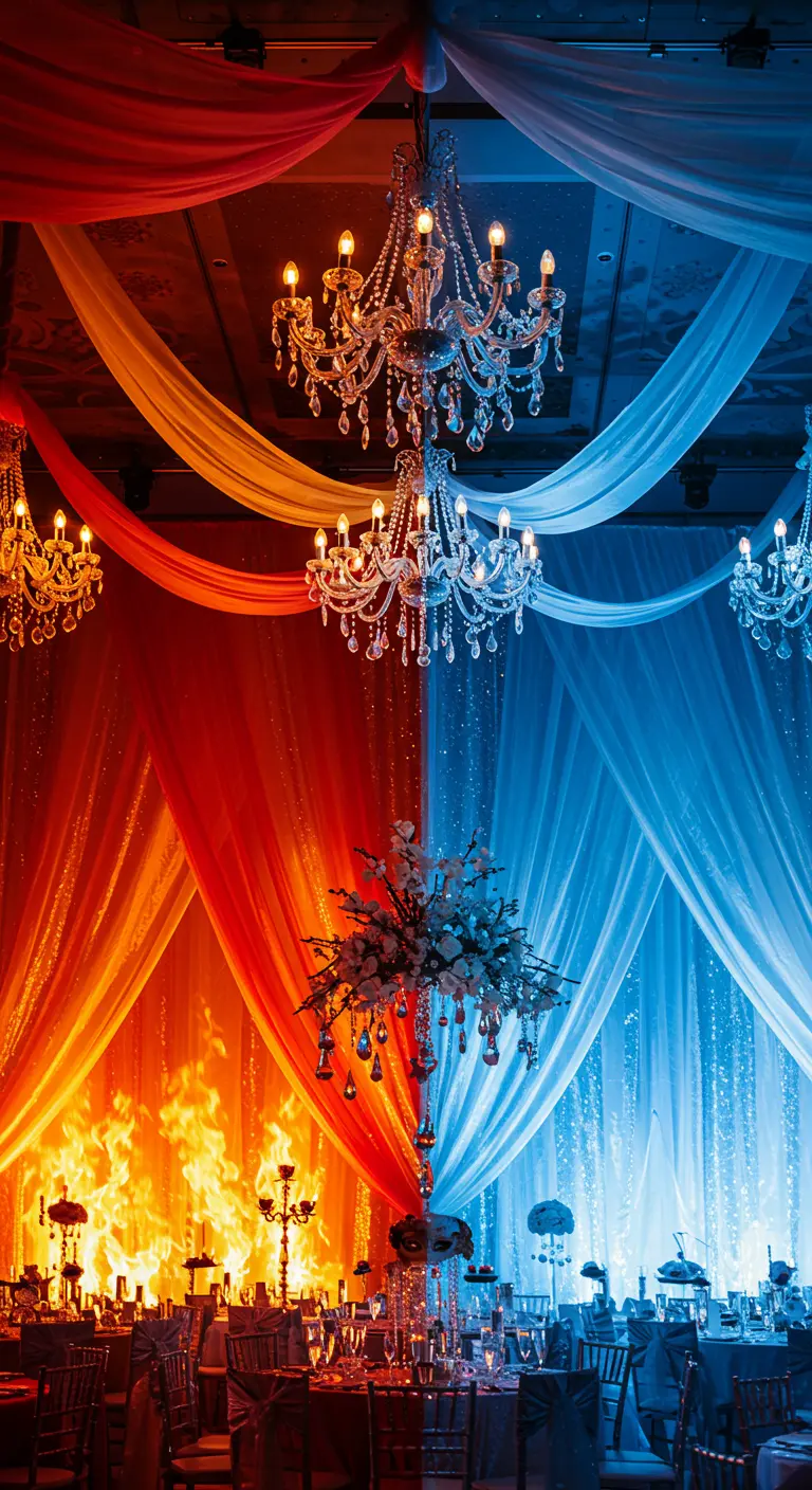 Salle de réception divisée en deux par des lumières rouges et bleues, symbolisant le feu et la glace.