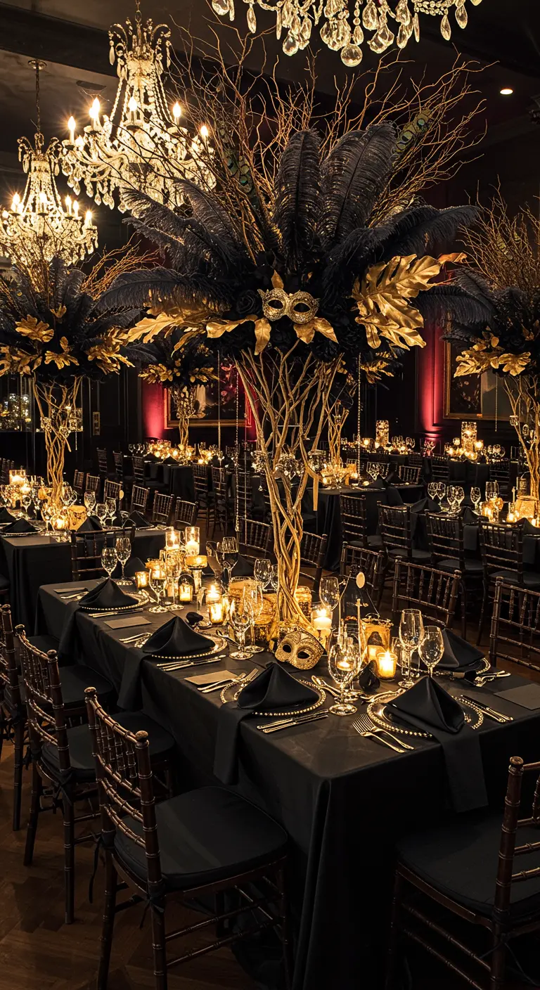 Salle de réception avec des tables noires décorées de masques et de chandeliers.