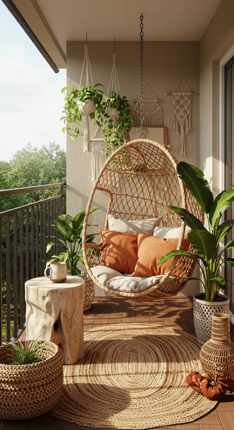 Balcon cosy avec fauteuil suspendu en rotin, tapis en jute, macramé et plantes en pot.