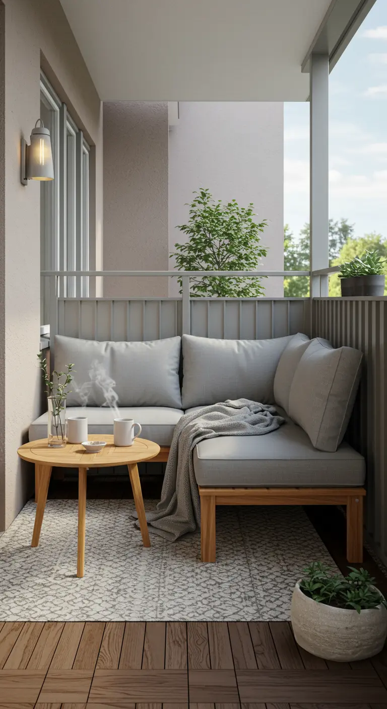 Petit canapé d'angle gris sur un balcon étroit avec une table en bois.