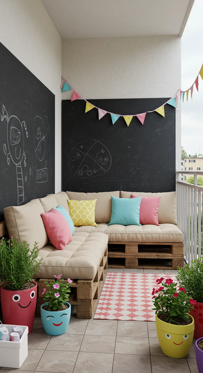 Balcon familial avec un grand mur d'ardoise pour les enfants et des pots rigolos.