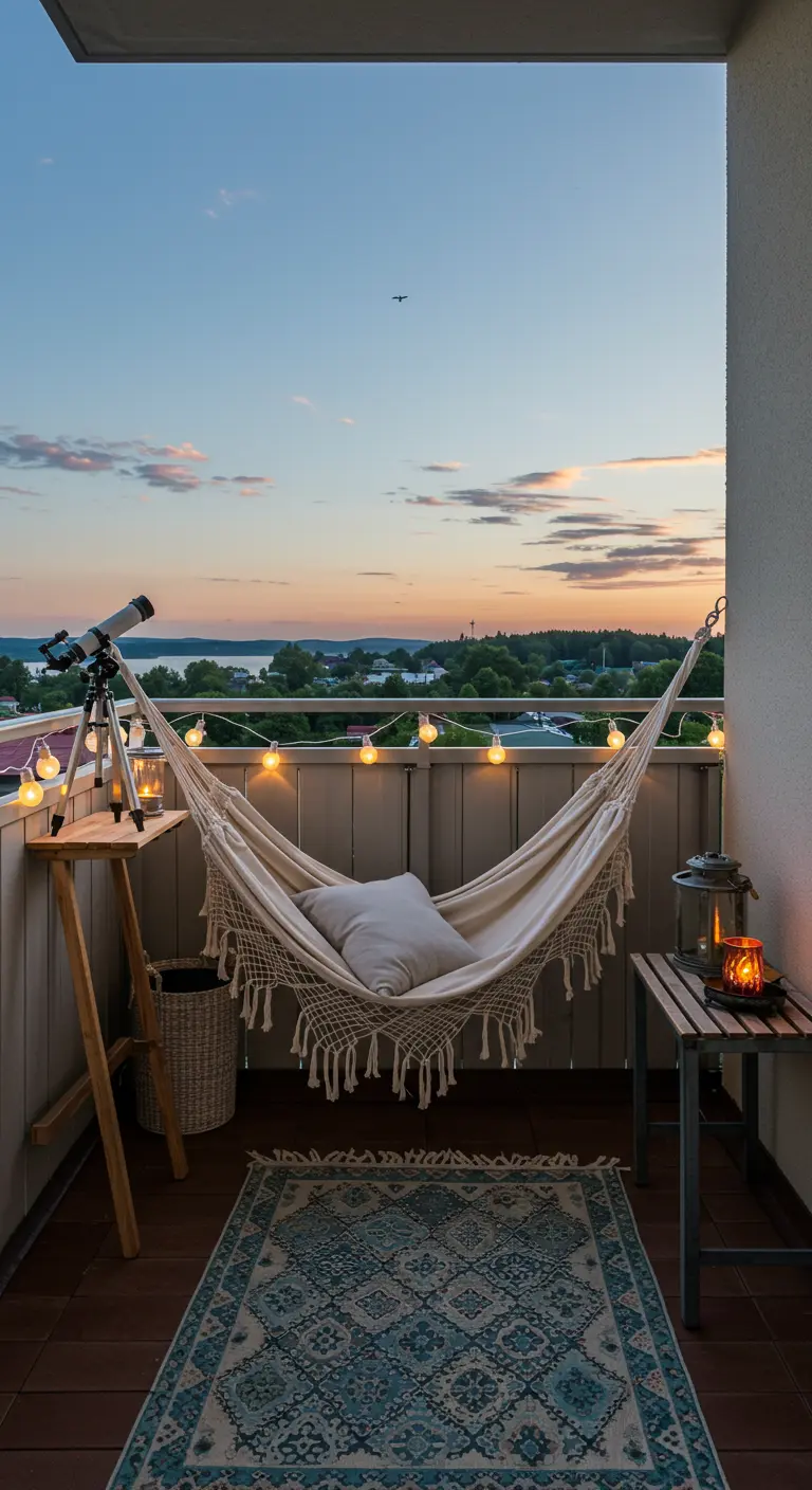 Balcon avec hamac, télescope, vue sur le lac au coucher du soleil, et guirlandes lumineuses.