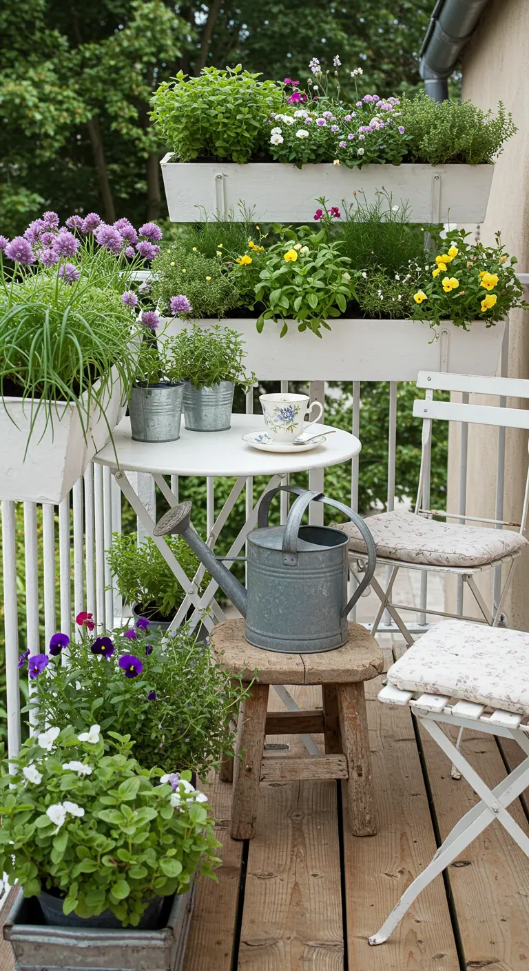 Balcon blanc avec jardinières fleuries, table et chaises bistrot, et un arrosoir vintage.
