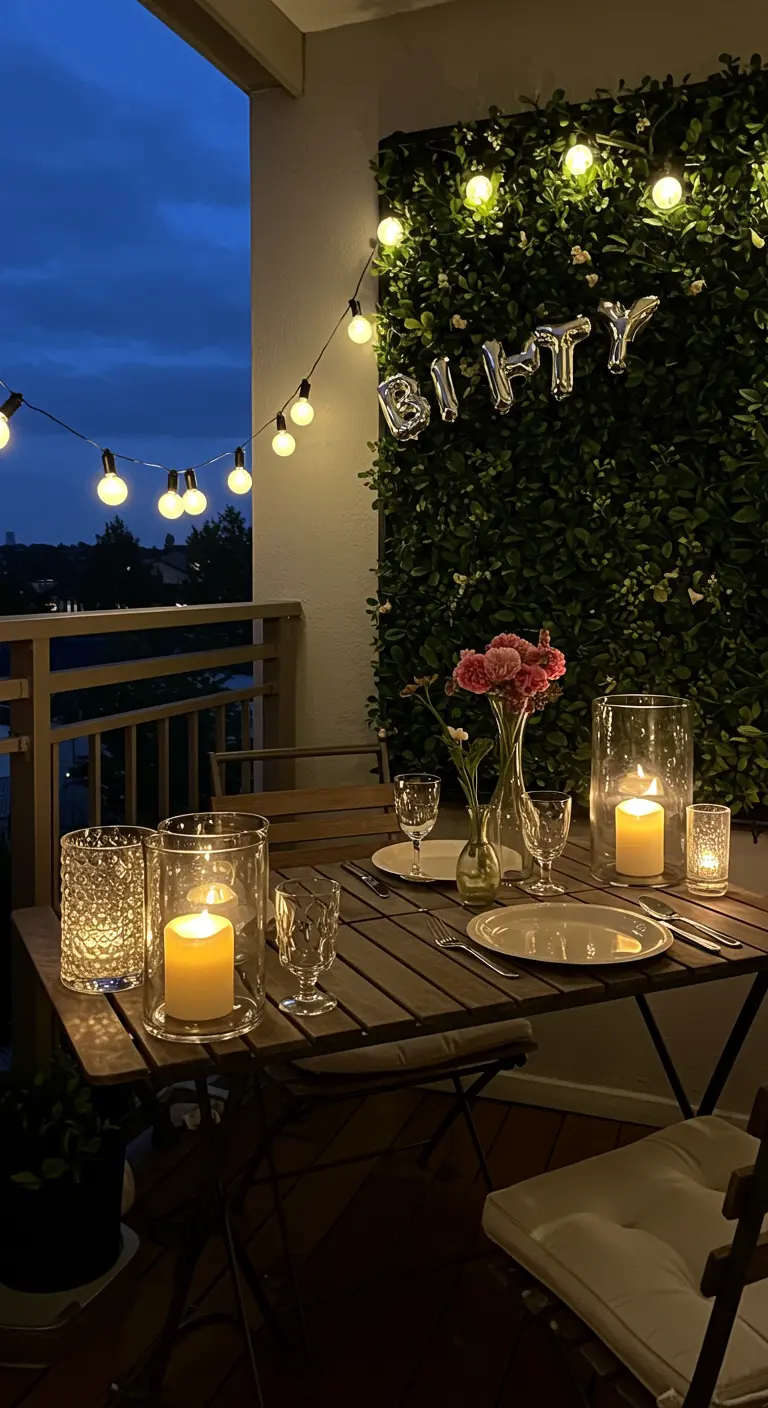 Dîner romantique sur un balcon avec guirlandes lumineuses et bougies.
