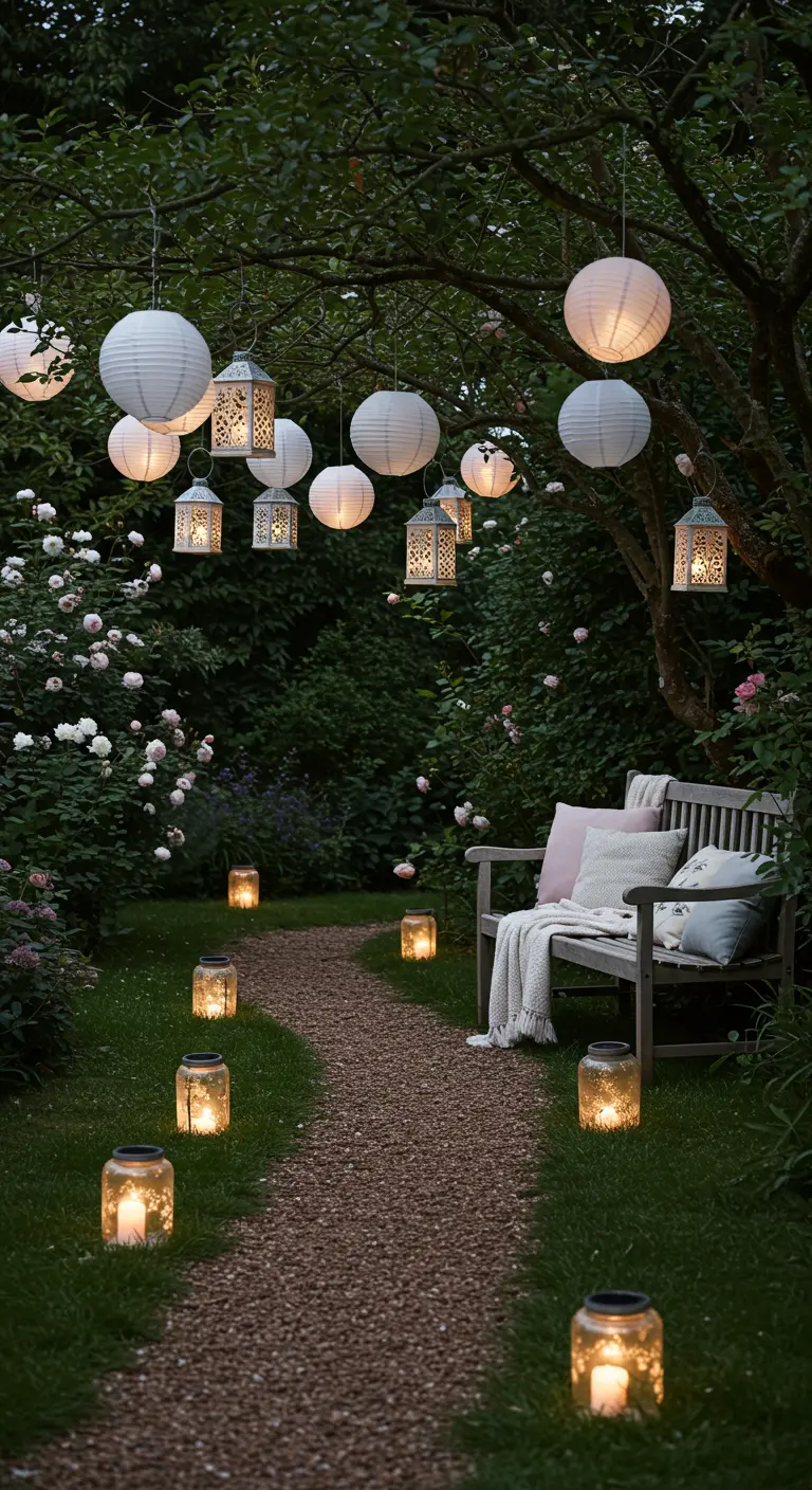 Allée de jardin bordée de lanternes solaires, avec lampions blancs et lanternes métalliques suspendues aux arbres.