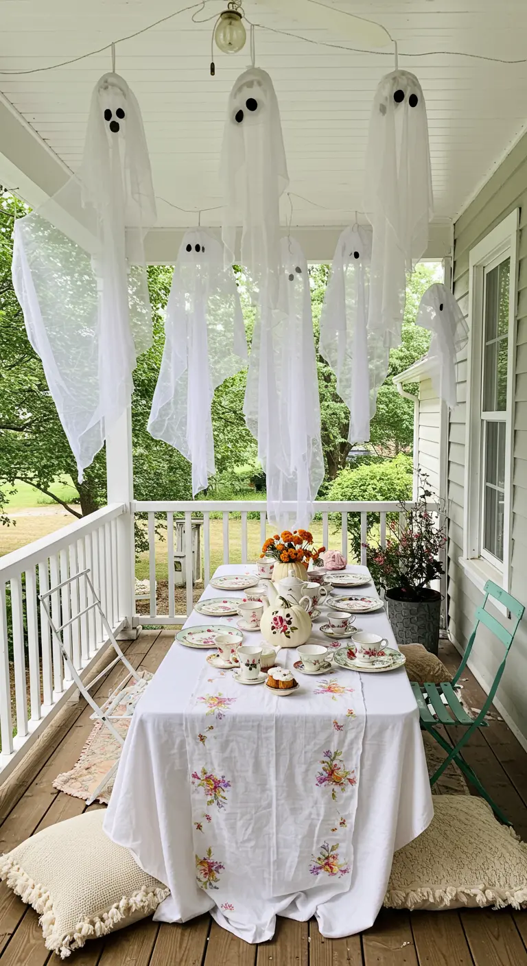 Fantômes en tissu blanc flottant au-dessus d'une table de fête sur un porche.