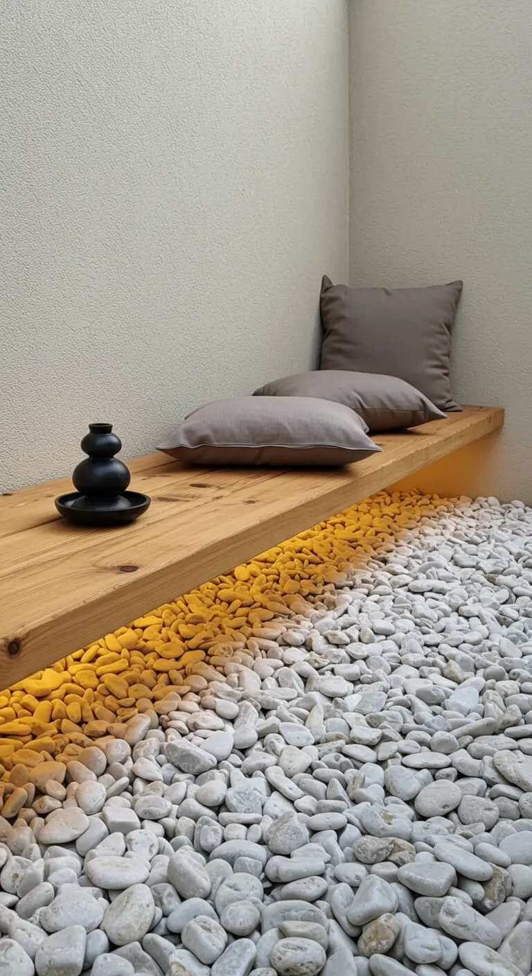 Banc en bois flottant au-dessus de galets blancs, éclairé par une bande LED cachée.