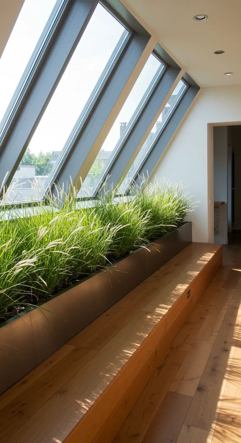 Une longue jardinière intégrée à un banc en bois sous une fenêtre de toit.