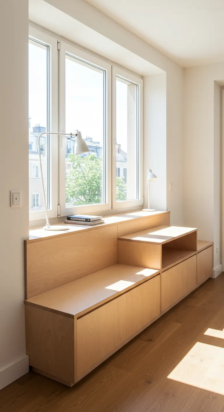 Banc et bureau modulable en contreplaqué clair sous une grande fenêtre.