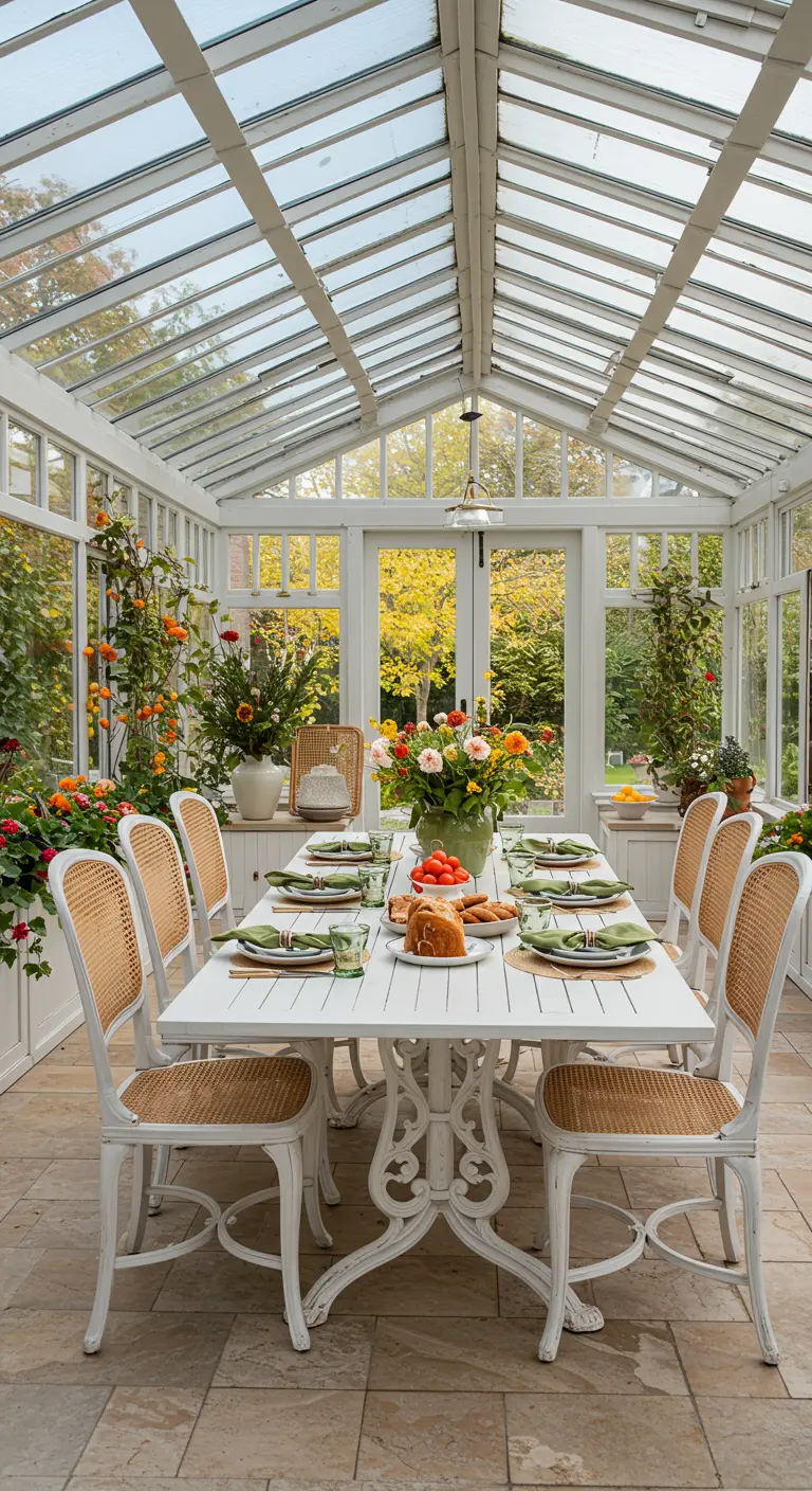 Table de repas dressée dans une serre lumineuse, entourée par la végétation automnale.