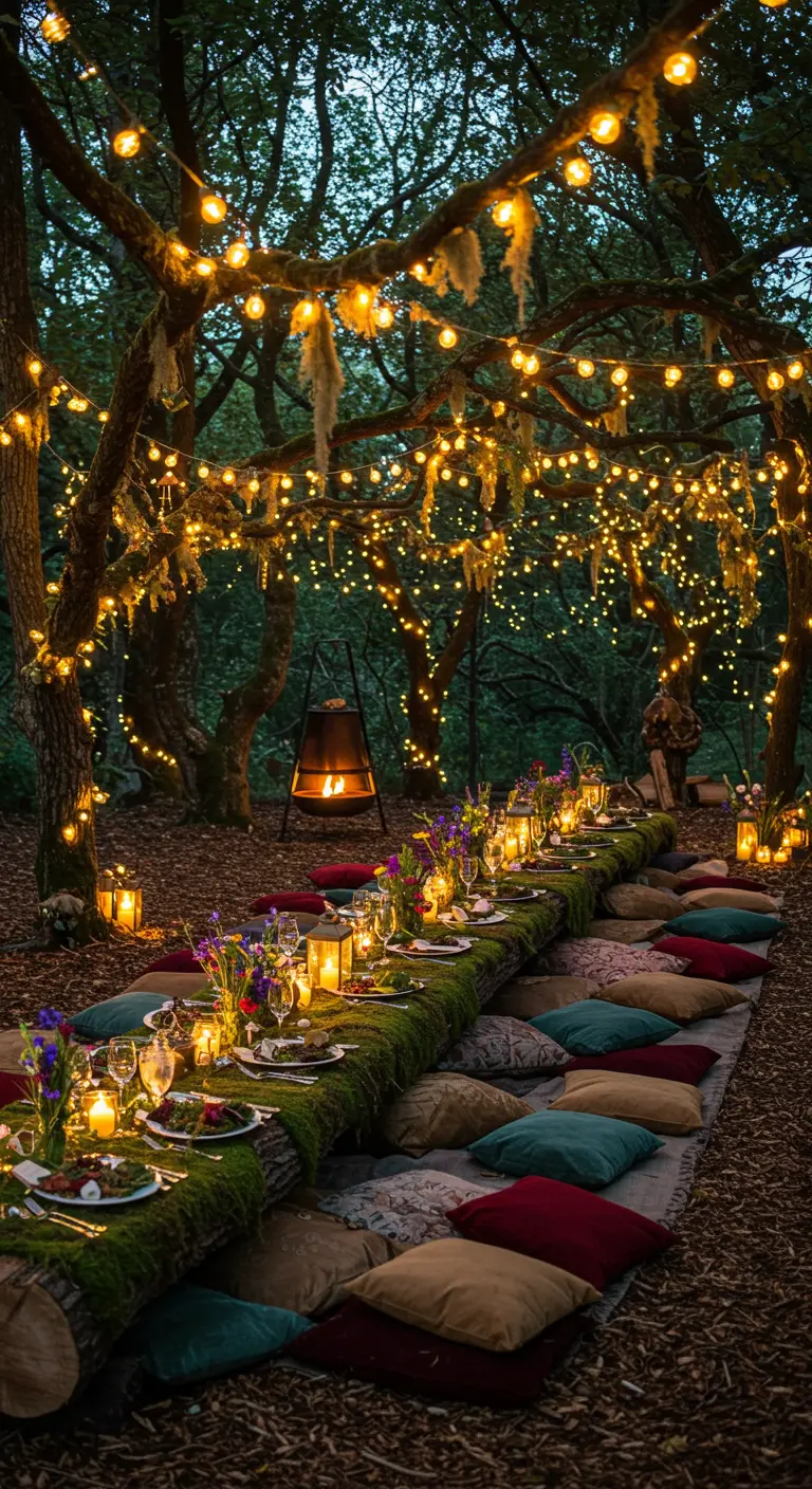 Table de banquet basse dans une forêt illuminée de guirlandes lumineuses.
