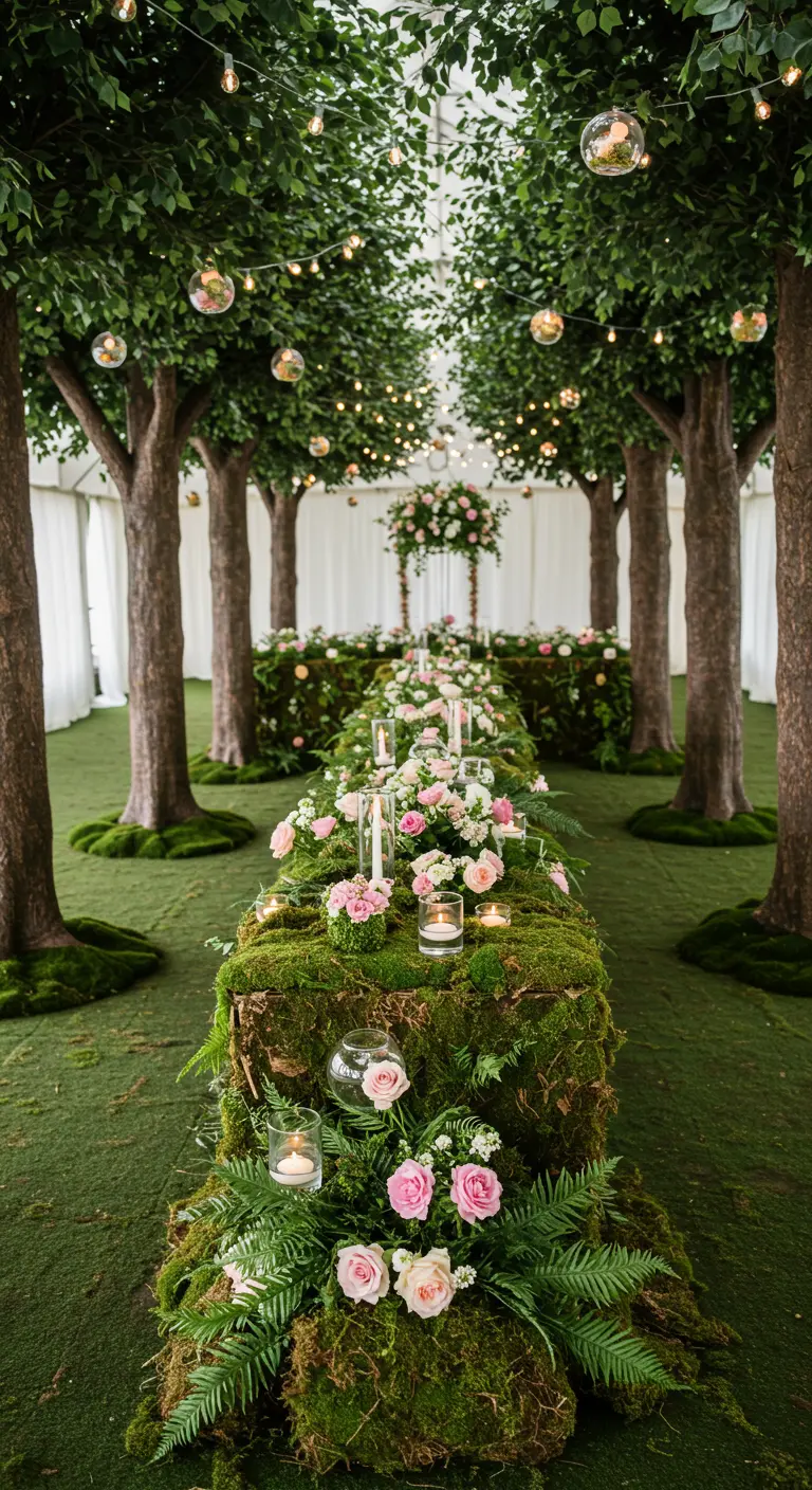 Table entièrement recouverte de mousse et de fleurs, créant un décor de forêt enchantée.