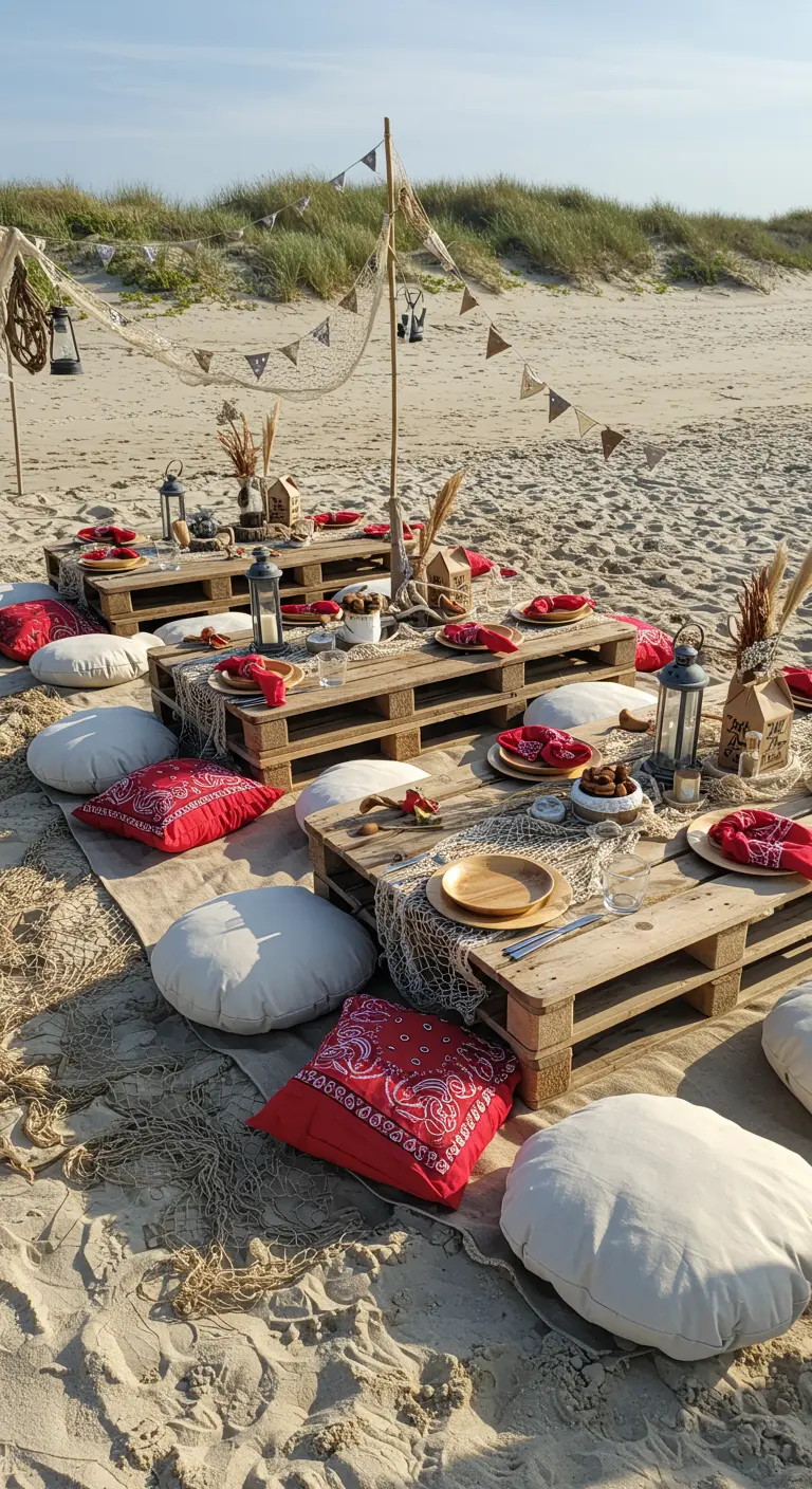 Tables basses en palettes sur la plage avec des coussins et des bandanas rouges
