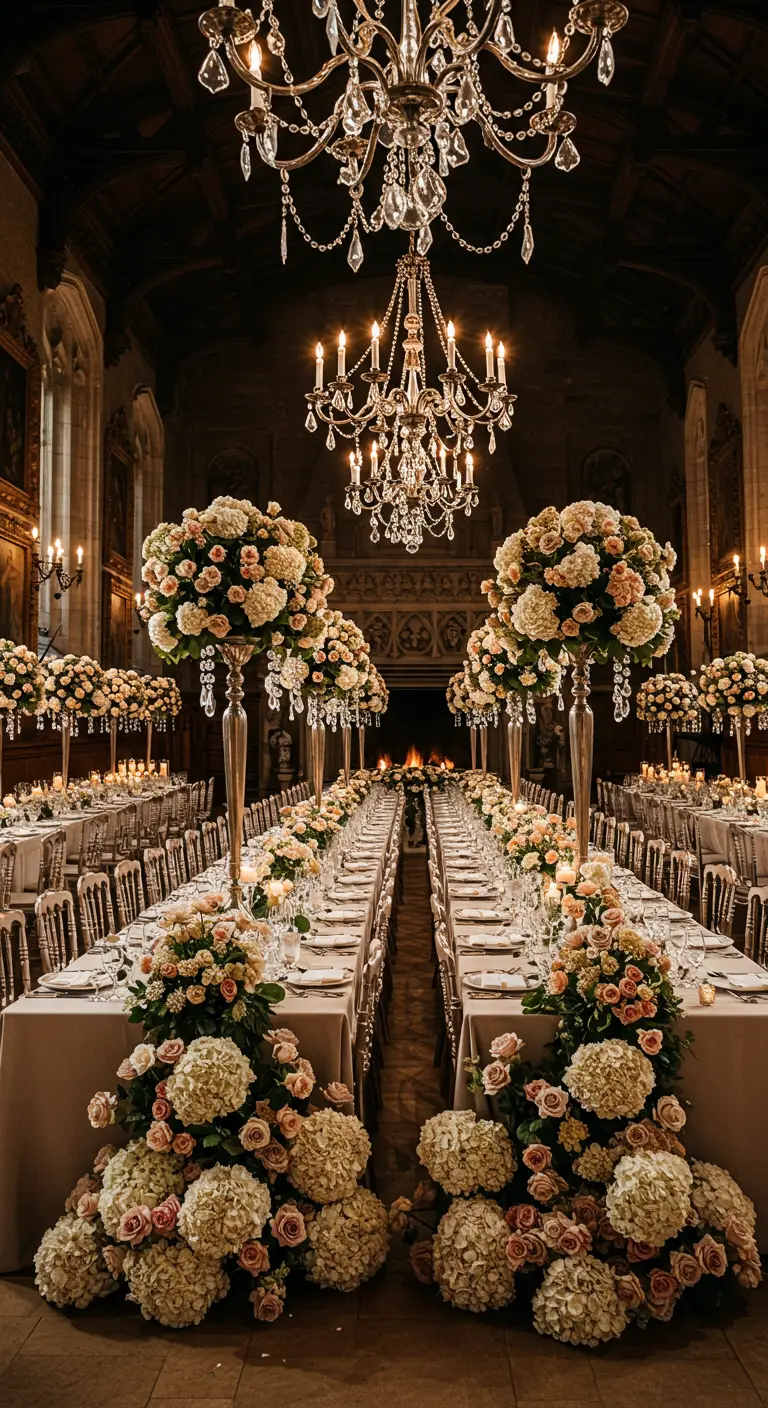 Longues tables de banquet dans une salle majestueuse avec d'imposants centres de table floraux.