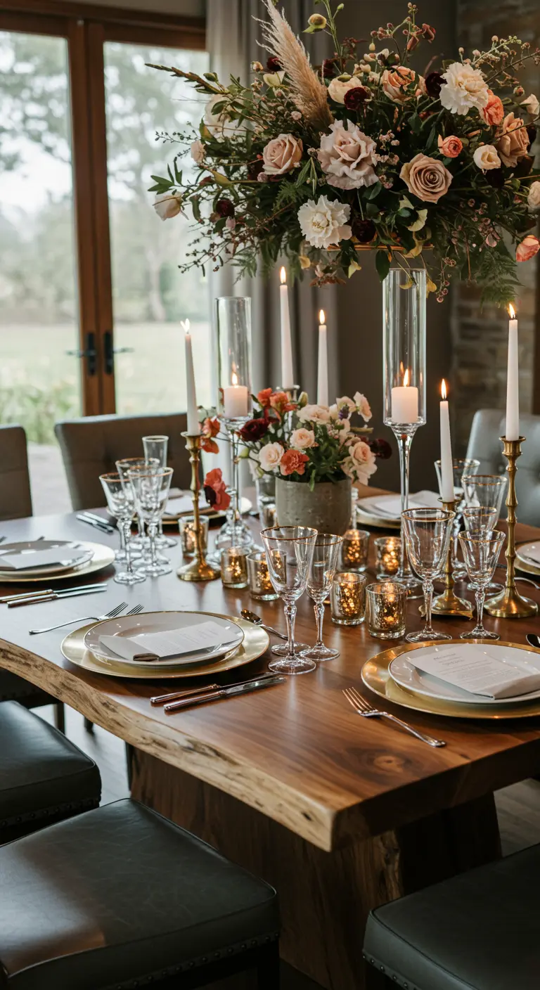 Table de réception avec un centre de table floral surélevé et des chandeliers dorés.