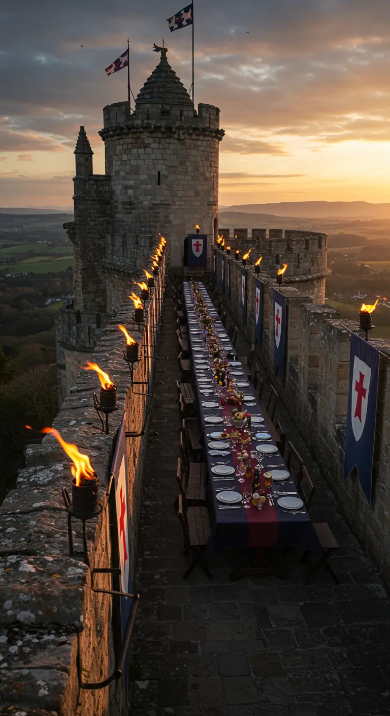 Longue table de banquet dressée sur les remparts d'un château au coucher du soleil.
