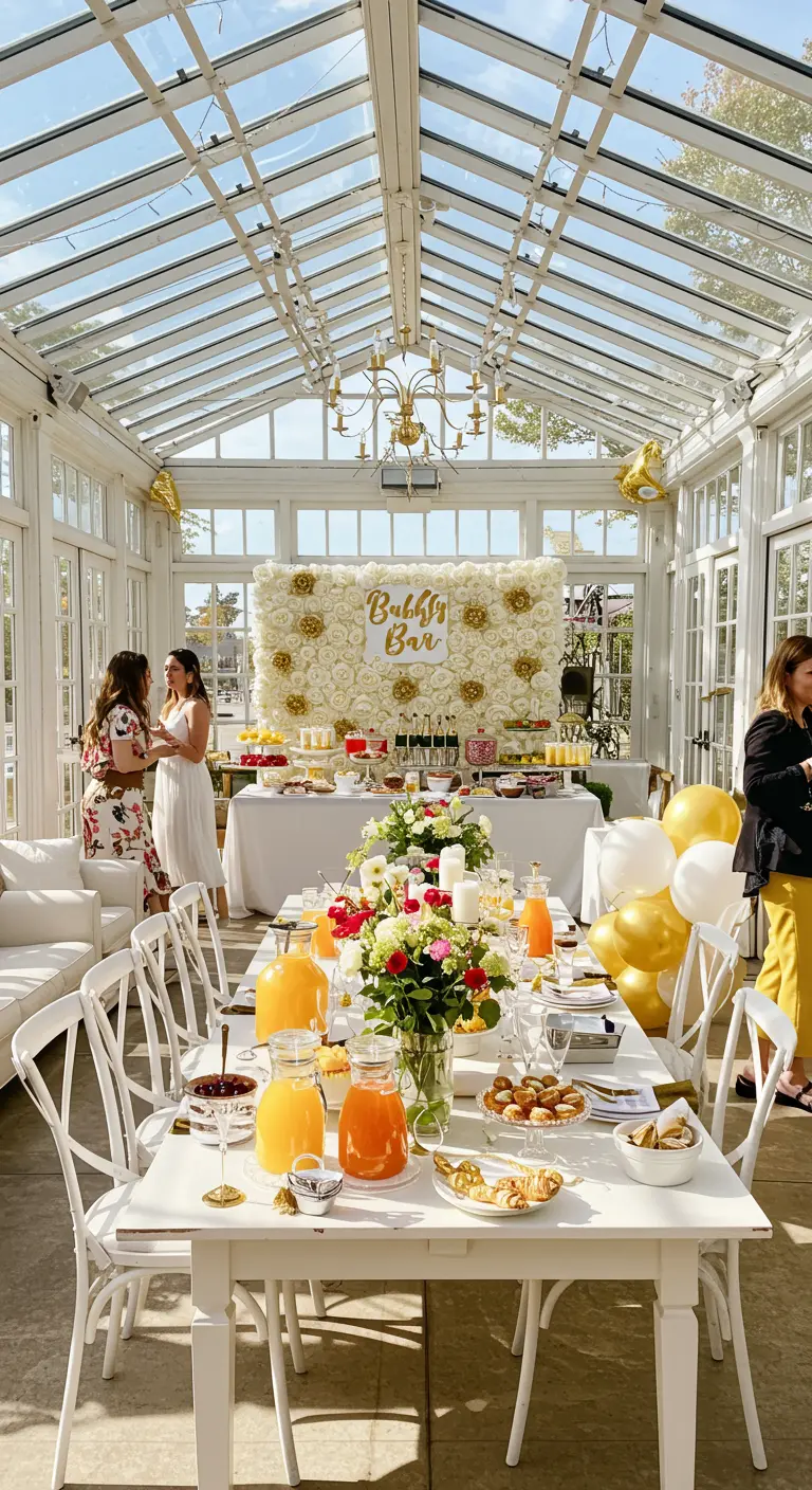 Brunch chic dans une véranda avec un 'Bubbly Bar' devant un mur de roses blanches.