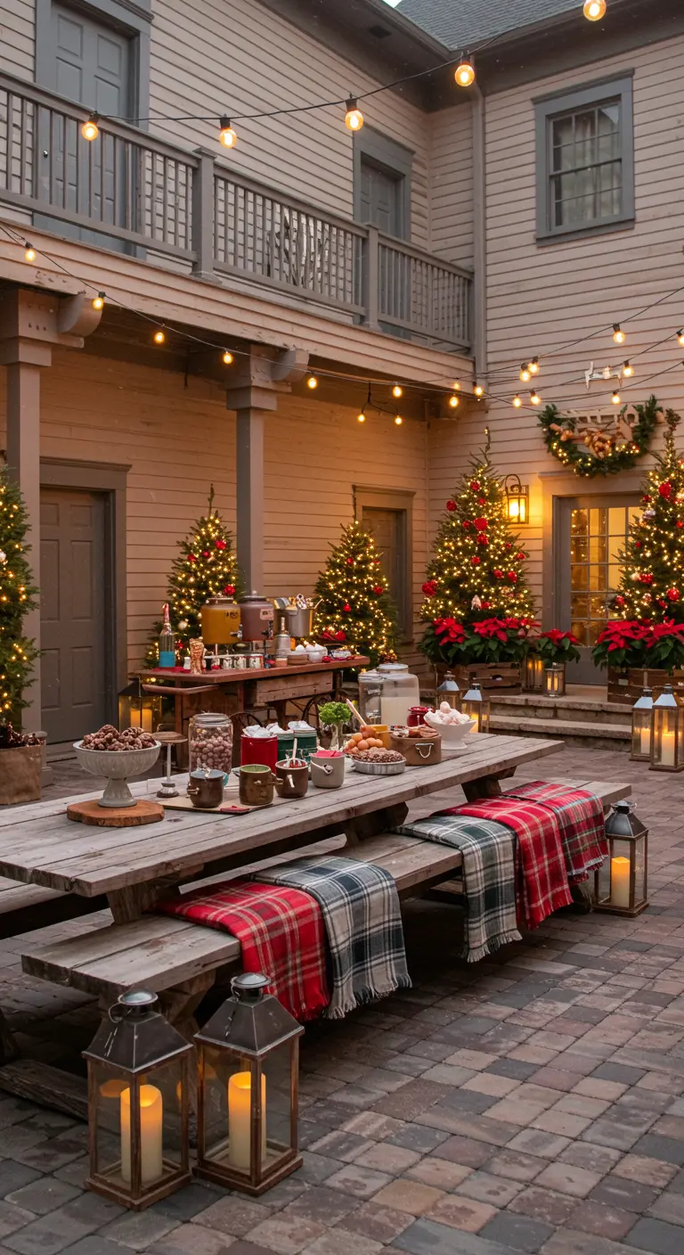 Cour aménagée pour une fête avec une table de buffet et des sapins de Noël.