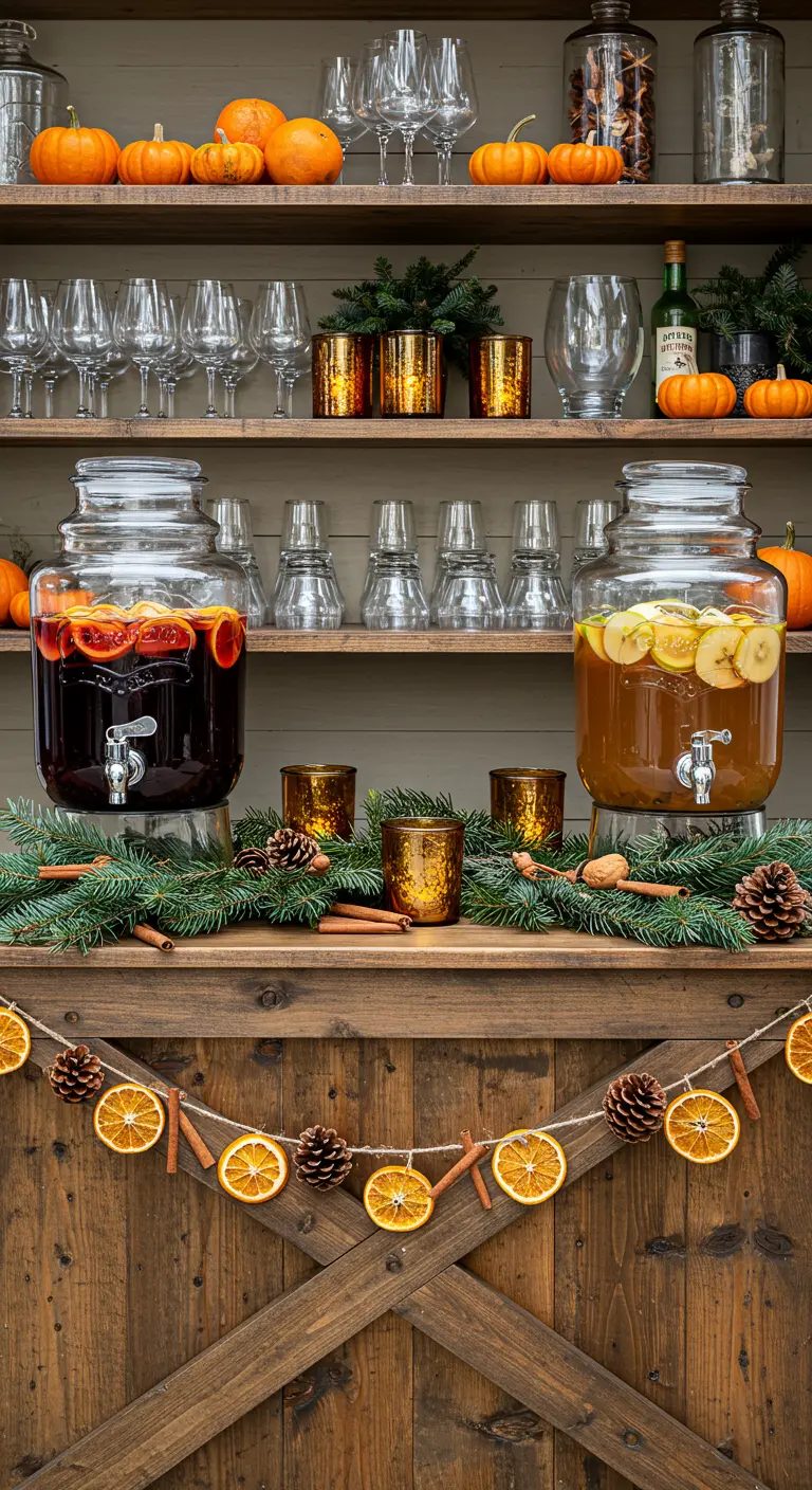 Bar à boissons d'automne avec bonbonnes de cidre, guirlande d'oranges séchées et verres.