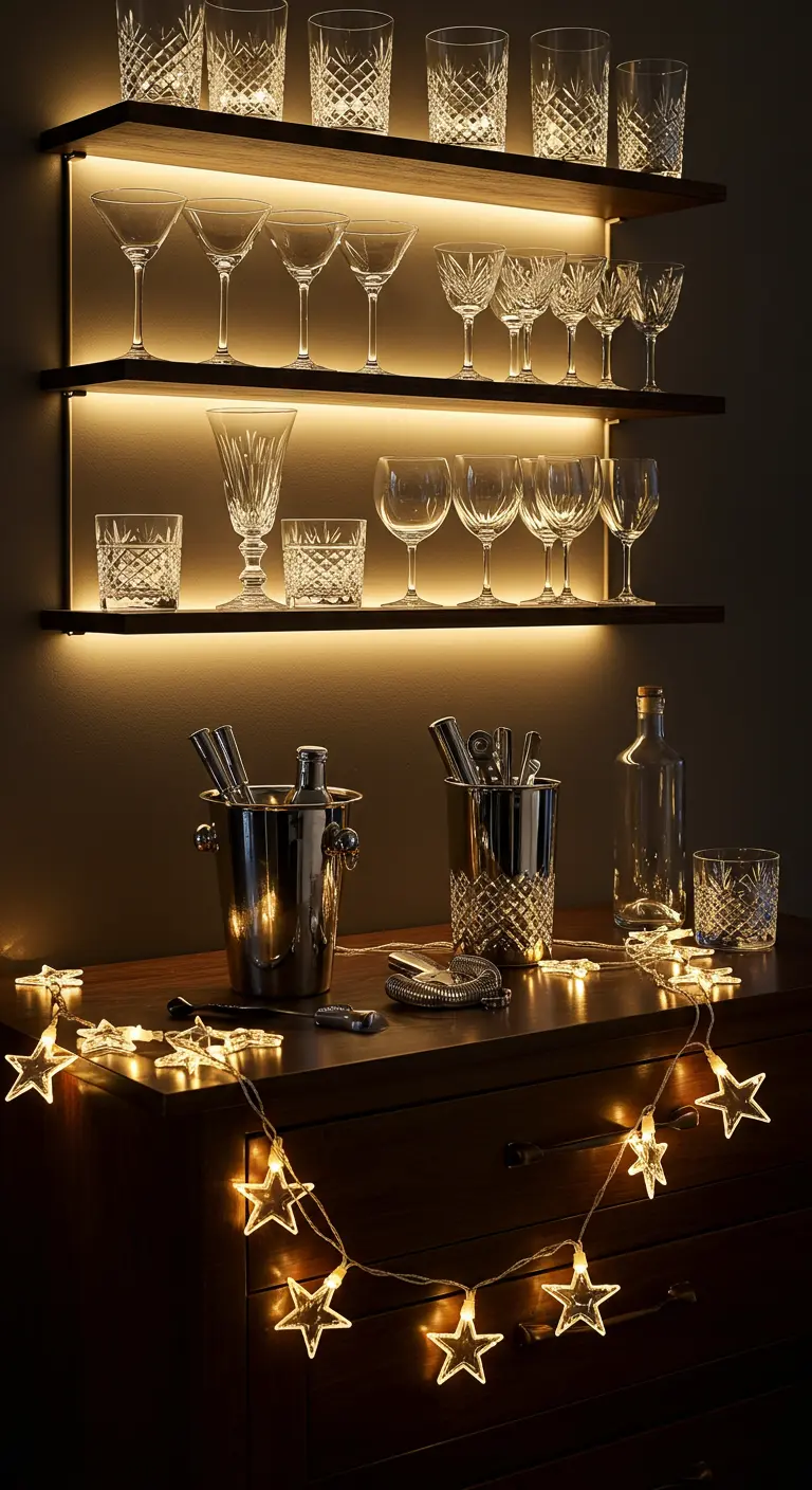 Coin bar avec des verres sur des étagères illuminées et une guirlande en forme d'étoiles.