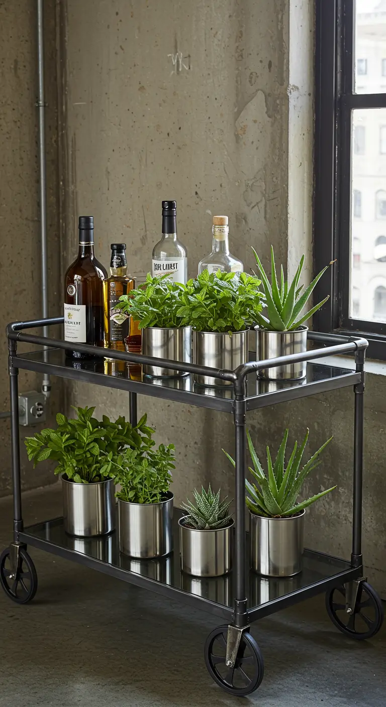 Un chariot de bar industriel avec des bouteilles et des pots en métal contenant de la menthe et de l'aloe.