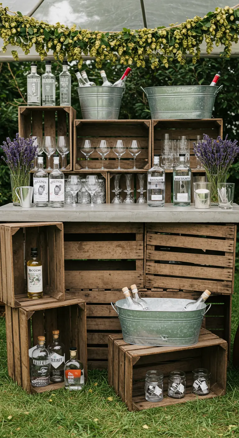 Bar à gin en plein air fait de caisses en bois, avec des bouteilles, des verres et de la lavande.