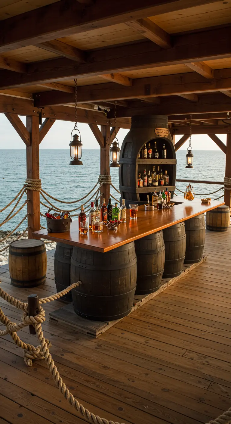 Bar à rhum sur une terrasse en bois face à la mer, soutenu par des tonneaux.
