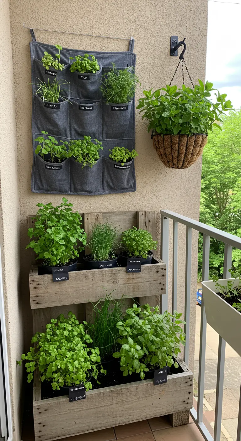 Petit jardin d'herbes aromatiques sur un balcon, avec une jardinière en palette et un organisateur mural.