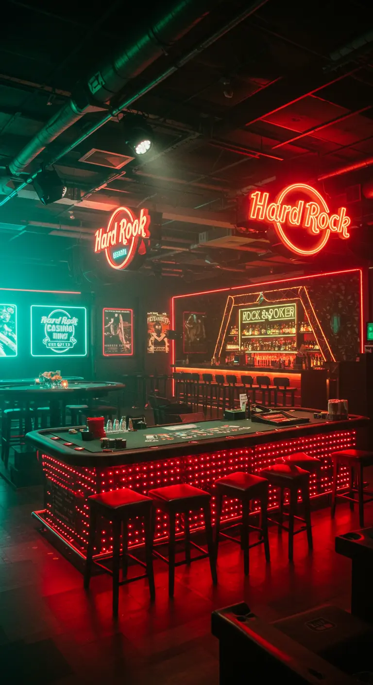 Bar de style Hard Rock avec des enseignes lumineuses au néon rouge.