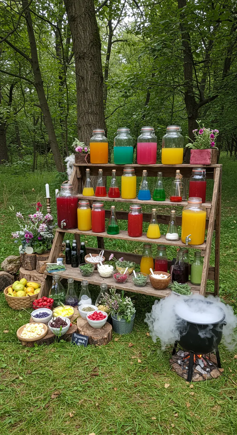 Bar à jus de fruits colorés dans des bocaux, avec un chaudron fumant à côté.