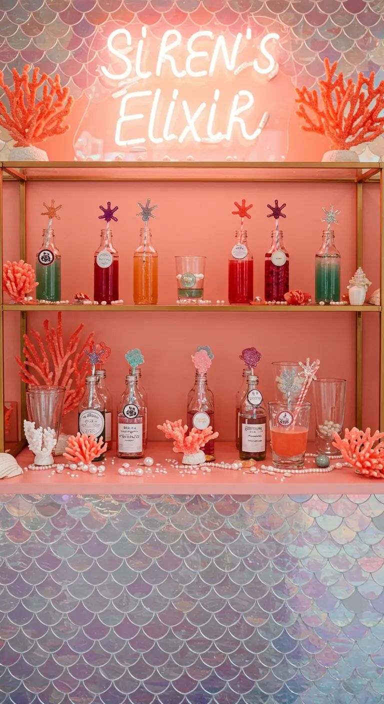 Bar à boissons sirène avec un néon et des bouteilles de potions colorées.