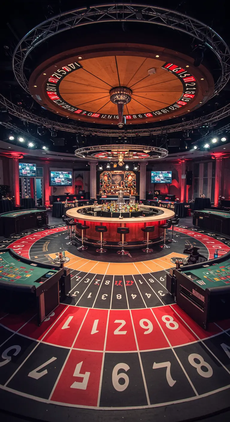 Grand bar circulaire au centre d'une salle de casino animée.