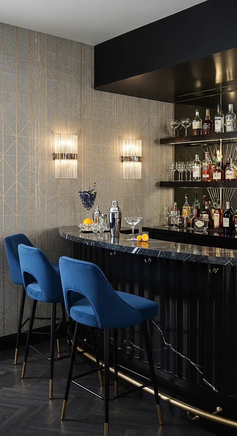 Coin bar luxueux avec comptoir en marbre noir, papier peint graphique et tabourets en velours bleu.