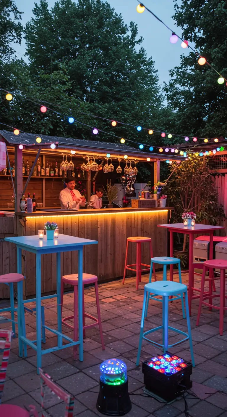 Bar de jardin extérieur animé avec des guirlandes lumineuses multicolores et des tabourets colorés.