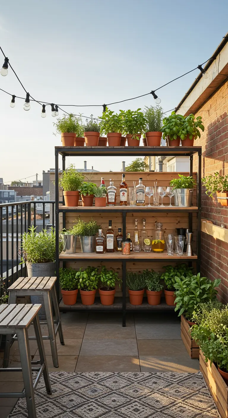 Étagère extérieure servant de bar, remplie de bouteilles et de pots d'herbes aromatiques.